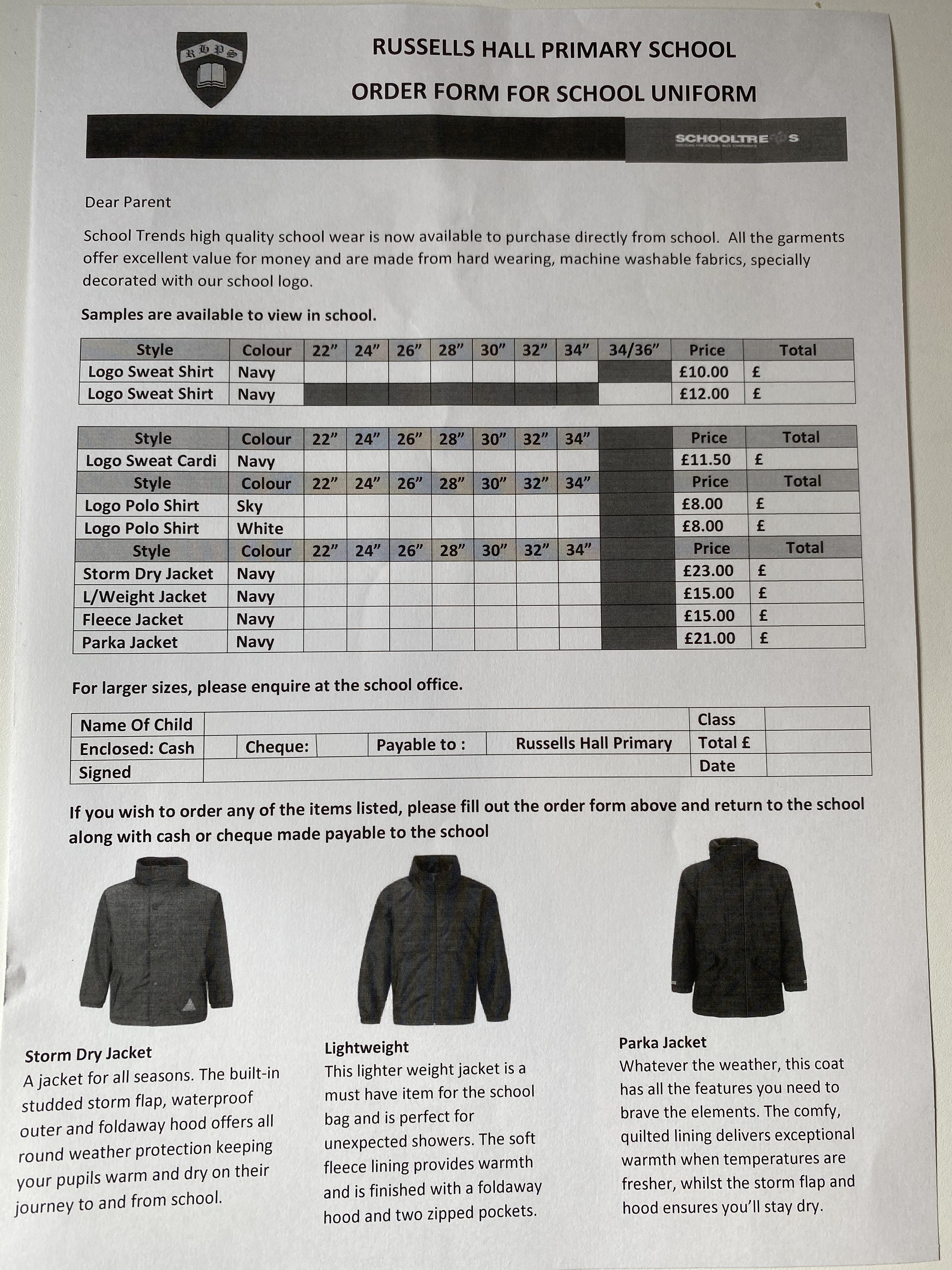 A copy of an order form with costings
